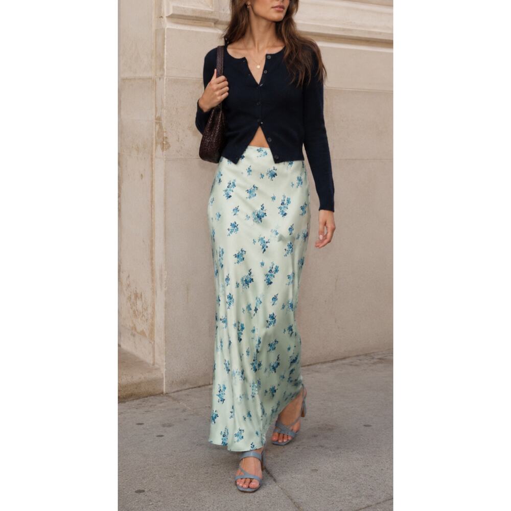 NWT Reformation Layla Silk Maxi Skirt Leonie Blue Floral Size 10